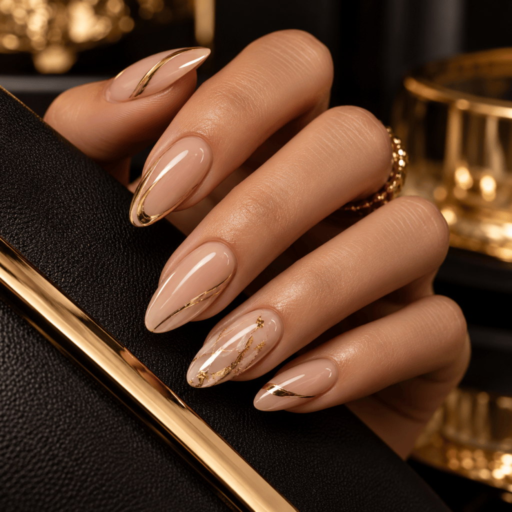 Luxury nude and gold manicure at LK Nail Salon in Santee, CA